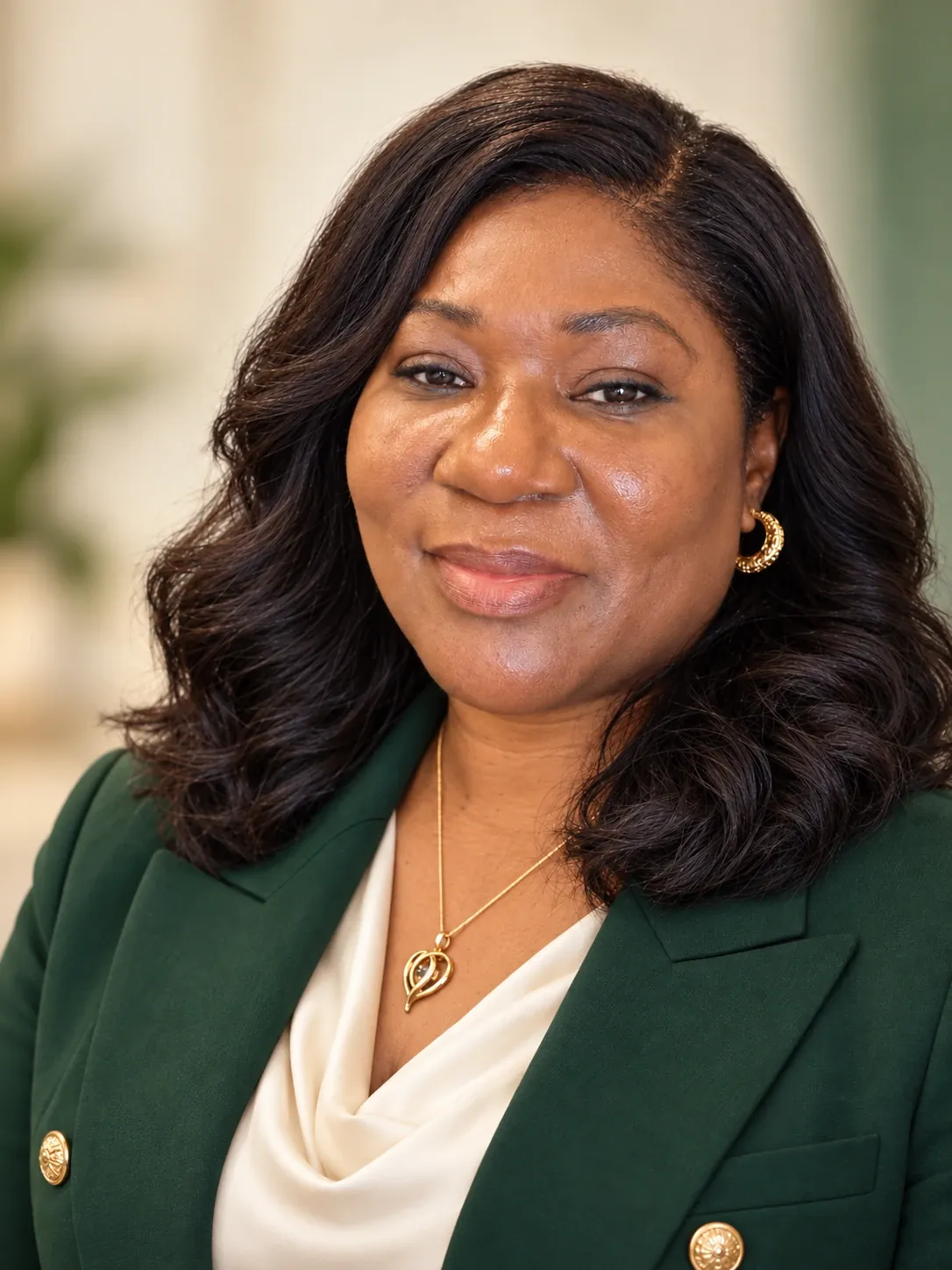 Lilian Oyama, founder of LOJ Solution, smiling in a forest green blazer
