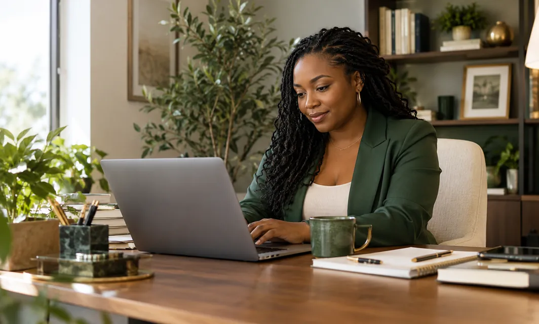 A smiling woman in a green blazer working on a laptop at a wooden desk in a bright home office